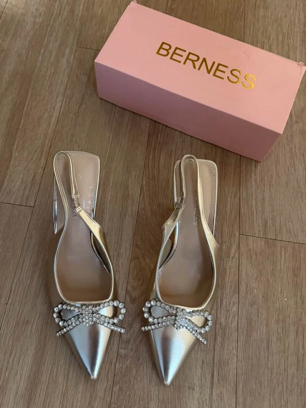 Gold Embellished Pointed-Toe Slingback Heels